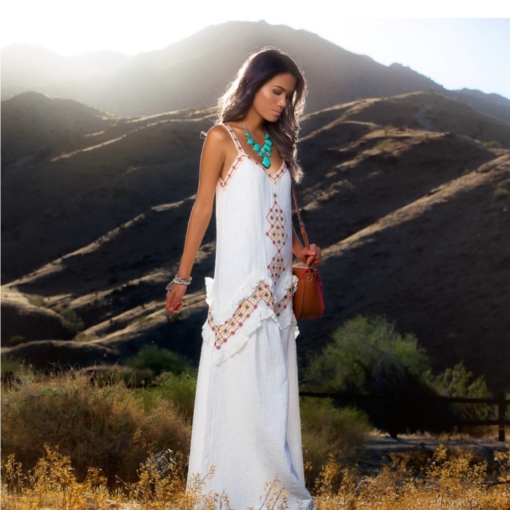 Max Studio White Maxi Dress with Colorful Embroidery